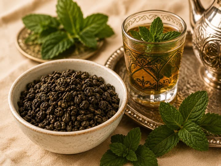 A glass of Moroccan mint tea with fresh spearmint