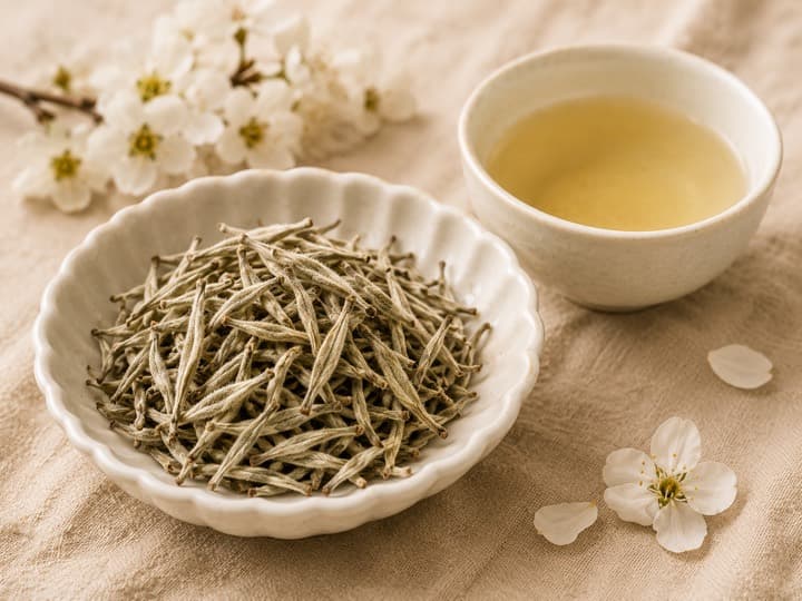 Downy Silver Needle white tea buds with a pale infusion