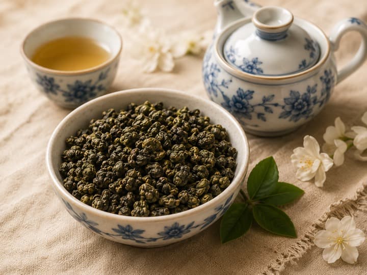 Tightly rolled Tie Guan Yin oolong leaves in a porcelain bowl