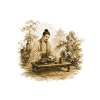 A Tang-dynasty scholar preparing tea at a low table
