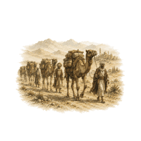 A camel caravan crossing desert hills