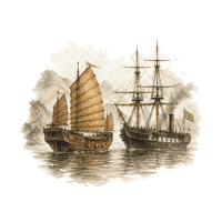 A Chinese junk and a Western warship at sea