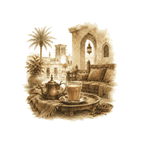 A brass teapot and glass of tea in a Gulf courtyard