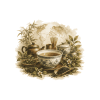 A modern cup of tea surrounded by leaves and blossom