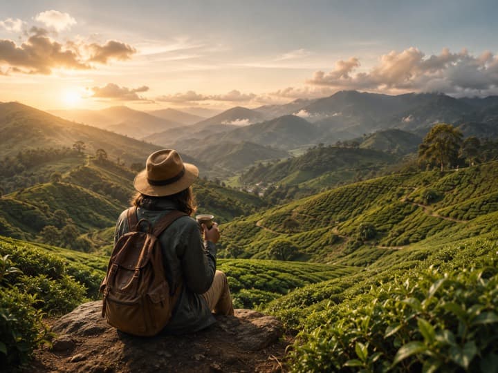 A traveler in a hat looking over tea hills